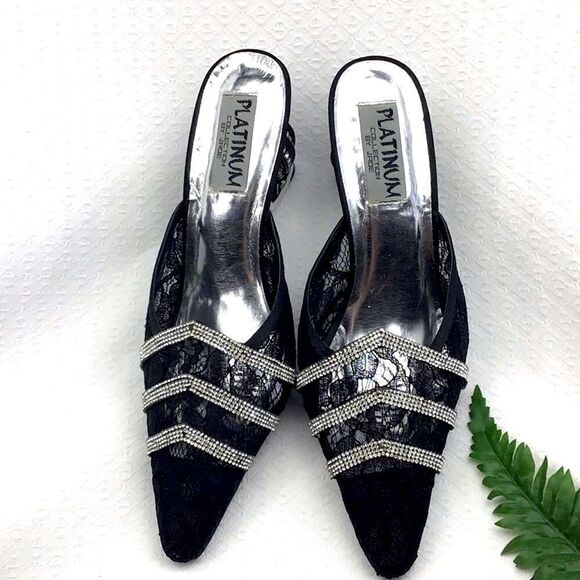 Platinum Collection by Jade Black Lace Diamond Heel Mules - Picture 2 of 15